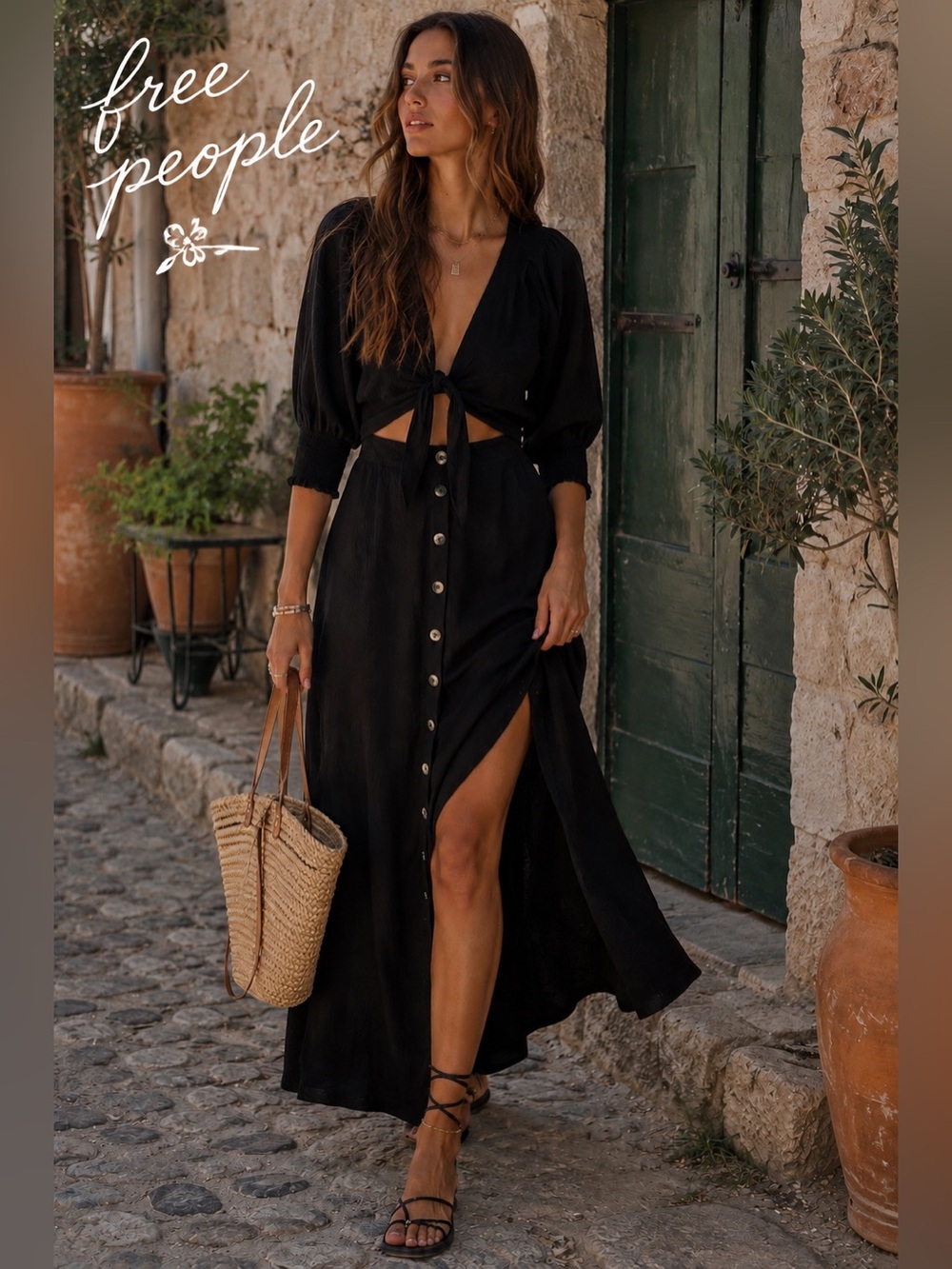 Free People String of Hearts Cutout Maxi Dress S Black Smocked dark boho A2